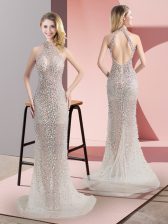  Champagne Halter Top Backless Beading Sweep Train Sleeveless