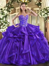  Purple Ball Gowns Organza Sweetheart Sleeveless Embroidery and Ruffles Floor Length Lace Up Sweet 16 Quinceanera Dress