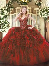 Fabulous Wine Red 15th Birthday Dress Military Ball and Sweet 16 and Quinceanera with Beading and Ruffles V-neck Sleeveless Lace Up