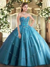 Trendy Teal Tulle Lace Up Quinceanera Dresses Sleeveless Floor Length Appliques and Embroidery