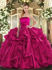 Suitable Hot Pink Strapless Neckline Ruffles 15 Quinceanera Dress Sleeveless Lace Up