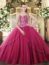 Discount Hot Pink Ball Gown Prom Dress Tulle Brush Train Sleeveless Beading