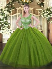  Sleeveless Tulle and Sequined Floor Length Lace Up Quinceanera Dresses in Olive Green with Beading