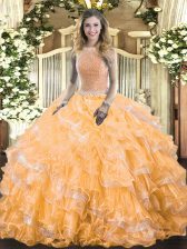 Romantic Orange Sleeveless Organza Lace Up Quinceanera Dress for Military Ball and Sweet 16 and Quinceanera