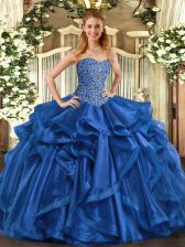 Deluxe Blue Sleeveless Organza Lace Up Vestidos de Quinceanera for Military Ball and Sweet 16 and Quinceanera