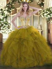 Suitable Sleeveless Organza Floor Length Lace Up 15 Quinceanera Dress in Olive Green with Beading and Ruffles