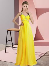  Sleeveless Chiffon Floor Length Lace Up Prom Dress in Yellow with Beading