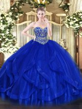 Affordable Ball Gowns Quince Ball Gowns Royal Blue Sweetheart Tulle Sleeveless Floor Length Lace Up