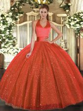  Tulle Halter Top Sleeveless Lace Up Sequins Sweet 16 Dresses in Rust Red