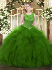  Floor Length Green Sweet 16 Quinceanera Dress Organza Sleeveless Beading and Ruffles