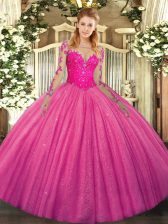  Long Sleeves Tulle Floor Length Lace Up Sweet 16 Dresses in Hot Pink with Lace