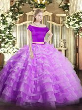 On Sale Short Sleeves Floor Length Appliques and Ruffled Layers Zipper Quinceanera Gowns with Lilac