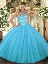 Low Price Aqua Blue Tulle Lace Up Halter Top Sleeveless Floor Length Quince Ball Gowns Beading and Embroidery