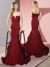 Chic Burgundy Mermaid Elastic Woven Satin V-neck Sleeveless Ruffles Side Zipper Prom Party Dress Sweep Train