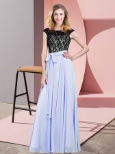 Exquisite Scoop Sleeveless Prom Party Dress Floor Length Lace and Belt Lavender Chiffon