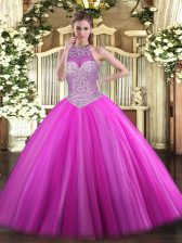  Fuchsia Halter Top Neckline Beading Quinceanera Dresses Sleeveless Lace Up