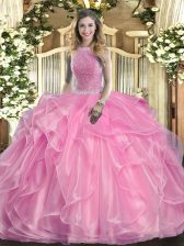 Eye-catching Rose Pink 15 Quinceanera Dress Military Ball and Sweet 16 and Quinceanera with Beading and Ruffles High-neck Sleeveless Lace Up