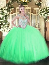  Beading 15th Birthday Dress Apple Green Zipper Sleeveless Floor Length