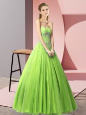 Hot Sale A-line Sweetheart Sleeveless Tulle Floor Length Lace Up Beading Evening Dress