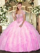 Custom Fit Rose Pink Ball Gowns Appliques and Ruffles Quinceanera Gown Lace Up Tulle Sleeveless Floor Length
