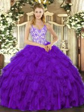  Floor Length Purple Quinceanera Dresses Straps Sleeveless Lace Up
