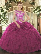  Fuchsia Ball Gowns Scoop Cap Sleeves Organza Floor Length Lace Up Beading and Appliques and Ruffles Quinceanera Dress