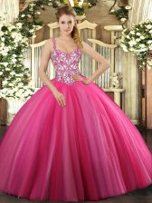 Dramatic Floor Length Hot Pink 15th Birthday Dress Straps Sleeveless Lace Up