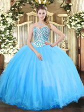  Aqua Blue Tulle Lace Up Sweetheart Sleeveless Floor Length Quince Ball Gowns Beading