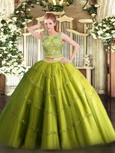 Fashion Olive Green Sweet 16 Dress Military Ball and Sweet 16 and Quinceanera with Beading and Appliques Scoop Sleeveless Lace Up