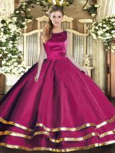 Fantastic Fuchsia Ball Gowns Tulle Scoop Sleeveless Ruffled Layers Floor Length Lace Up 15 Quinceanera Dress