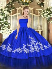 Affordable Floor Length Zipper 15 Quinceanera Dress Royal Blue for Military Ball and Sweet 16 and Quinceanera with Embroidery