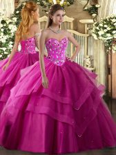 Wonderful Fuchsia Sweetheart Neckline Embroidery and Ruffled Layers Quinceanera Dresses Sleeveless Lace Up