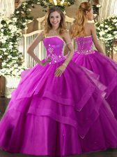  Fuchsia Lace Up Strapless Beading and Ruffled Layers 15th Birthday Dress Tulle Sleeveless