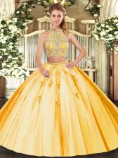  Gold Two Pieces Halter Top Sleeveless Tulle Floor Length Criss Cross Beading and Appliques Quinceanera Gowns