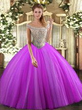 Fabulous Fuchsia Tulle Lace Up Quinceanera Gowns Sleeveless Floor Length Beading