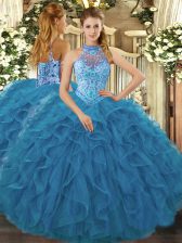Fashionable Teal Halter Top Lace Up Embroidery and Ruffles Sweet 16 Dresses Sleeveless
