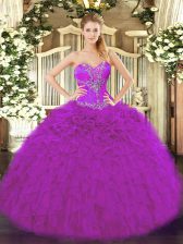  Sleeveless Organza Floor Length Lace Up Sweet 16 Dress in Fuchsia with Beading and Ruffles