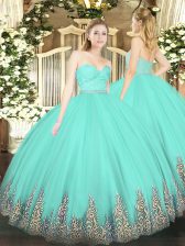 Pretty Sleeveless Tulle Floor Length Zipper Vestidos de Quinceanera in Apple Green with Beading and Lace and Appliques