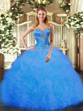 Captivating Organza Sweetheart Sleeveless Lace Up Beading and Ruffles 15th Birthday Dress in Blue
