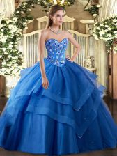 Shining Blue Ball Gowns Tulle Sweetheart Sleeveless Embroidery and Ruffled Layers Floor Length Lace Up 15 Quinceanera Dress