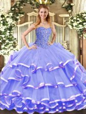 Flirting Lavender Lace Up 15 Quinceanera Dress Beading and Ruffled Layers Sleeveless Floor Length