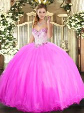  Rose Pink Tulle Lace Up 15th Birthday Dress Sleeveless Floor Length Beading