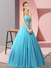 Lovely Sleeveless Floor Length Beading Lace Up Homecoming Dress with Baby Blue