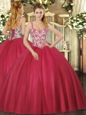 Ball Gowns Quinceanera Gowns Coral Red Straps Tulle Sleeveless Floor Length Lace Up