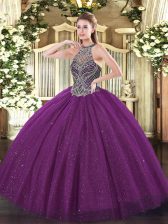 Fancy Halter Top Sleeveless Lace Up Sweet 16 Dress Eggplant Purple Tulle