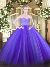Inexpensive Lavender Ball Gowns Beading and Lace 15 Quinceanera Dress Zipper Tulle Sleeveless Floor Length