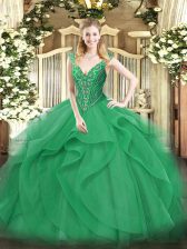 Fashion Floor Length Turquoise Quinceanera Dresses V-neck Sleeveless Lace Up
