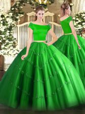 Top Selling Green Short Sleeves Appliques Floor Length Vestidos de Quinceanera