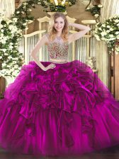  Fuchsia Two Pieces Scoop Sleeveless Organza Floor Length Lace Up Beading and Ruffles Quinceanera Dress