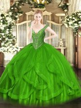  Ball Gowns Beading and Ruffles Ball Gown Prom Dress Lace Up Tulle Sleeveless Floor Length